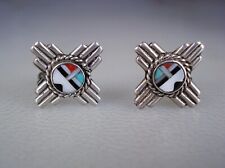 OLD ZUNI Zia Sun Symbol STERLING SILVER & MOSAIC INLAY SUNFACE EARRINGS picture