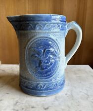 Antique Late 1800s American Blue Decorated Salt Glazed Stoneware Pitcher / Eagle picture
