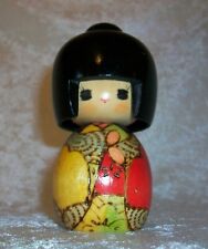 Vintage Japanese Hand Painted Floral Burnished Wood Kokeshi Geisha Doll Figurine picture