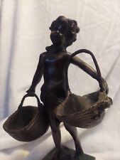 FINE SIGNED SUZANNE BIZARD GIRL WITH BASKETS FRENCH BRONZE/MARBLE FIGURE picture