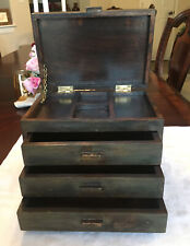 Antique Vintage Wood Box 3 Drawer & Lift Top Chest Jewelry Cabinet No Nails Used picture