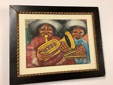 Antique Spanish, Cuban ? Folk Art Oil Painting Musicians Old Frame picture