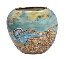 Small Hand Painted Raised Gold Multicolored Whale Ovel Vase picture