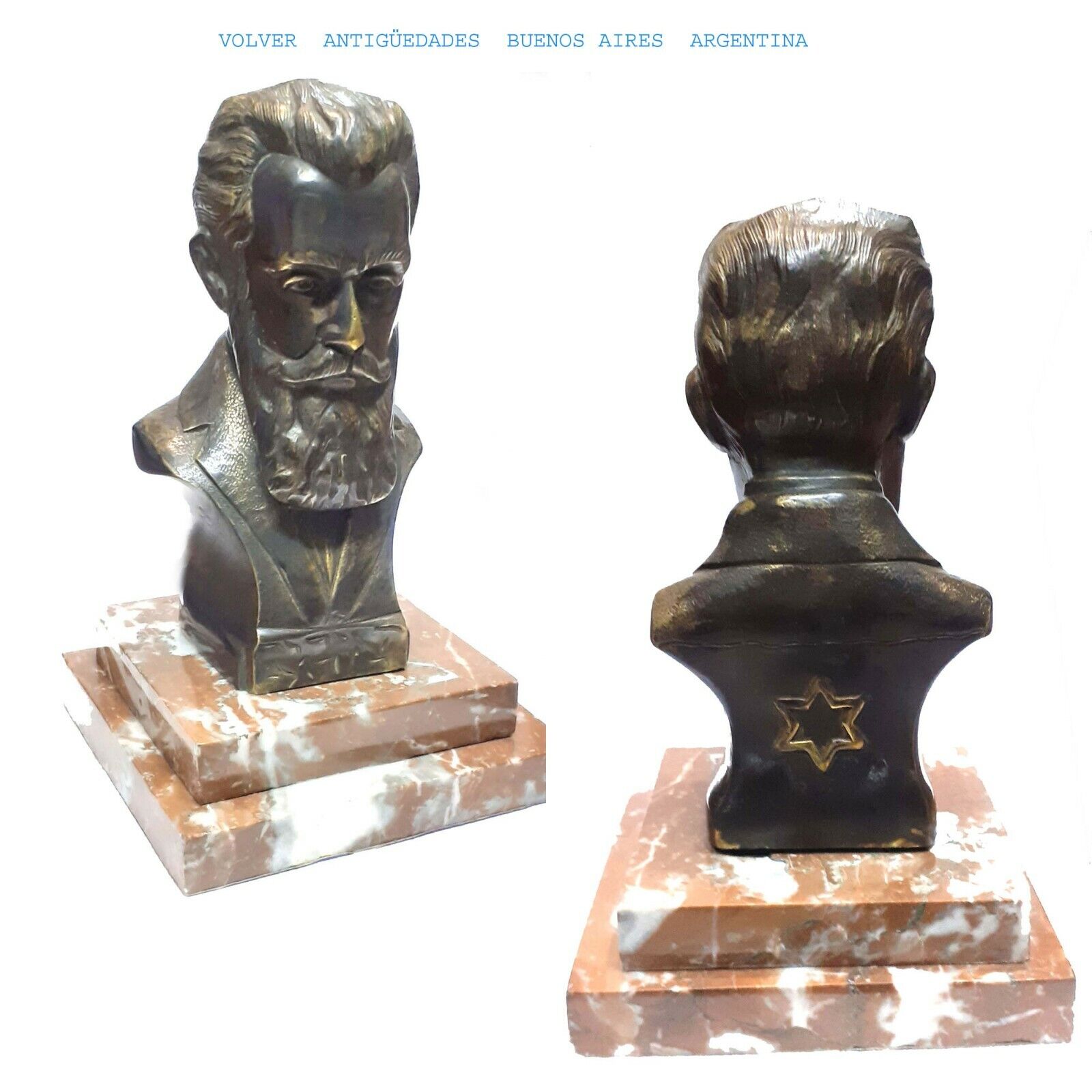 Theodor Herzl bronze bust mable base Star of David Judaica Judaism