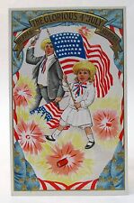 pre 1907 KIDS WAVING FLAGS Hurrah Glorious Fourth of July embossed postcard picture