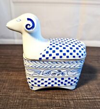 Vintage Hollohaza Porcelain Decorative Box Sheep Ram Blue Checkerboard Hungary picture