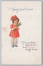 Holiday~Hearty Good Christmas Wishes~Girl W/ Holly~Embossed~Vintage Postcard picture