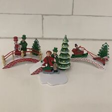 Vintage Small Christmas Wooden Figures Bridge Sleigh Tree Made In Taiwan Lot 3 picture