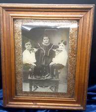 Antique Framed Picture w/Glitter Sister Hugging Brothers pretty Dress old chair picture