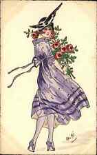 Beautiful Woman Glamour Fashion MIKI Roses Puurple Dress c1915 Postcard picture