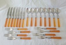 Vtg 23 Pc Acrylic Lucite Amber Handle Stainless Steel Flatware Set MCM Retro picture