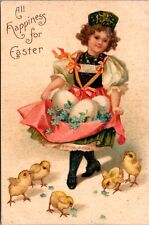 Easter Postcard Little Girl with Eggs and Blue Flowers in her Dress Apron Chicks picture