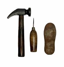 Antique COBBLER'S Tool Lot LEATHER HAMMER Wooden Handle Awl Child Iron Shoe Form picture