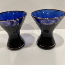 Deep Cobalt Blue Silver Stripe Art Deco Snifter Cordial Shot Glasses Set Of 2 picture