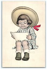 1912 Little Boy Big Hat Reading Letter Clayton Kansas KS Posted Antique Postcard picture