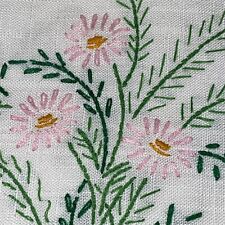 Vtg Floral Embroidered Tea Towel - Pink Daisies Green Leaf Handcrafted 19”x 12” picture