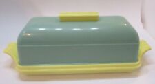 Vintage 1950s Mid-Century Modern Green Yellow Plastic Burrite Covered Bread Box picture