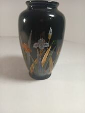 Vintage Authentic Otigiri Japan Black Gold Rimmed Iris Floral Ceramic Vase picture