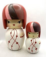 Japanese Wooden Kokeshi Dolls Large 9” Small  5.5” Pair Of 2 Pink White Red picture