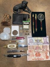 Estate JUNK DRAWER Knives, Coins, Desk Set, Tie Pins, Currency, Trinkets picture
