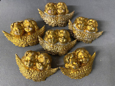 SIX Vintage GOLD Cherub DOUBLE HEAD Twin Angel Ornaments Plastic Mold Christmas picture
