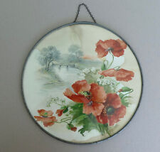 Antique early 1900s flue cover glass lithograph poppies flowers bridge vintage picture