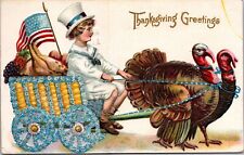 THANKSGIVING -Child Riding Turkey Drawn Cart With American Flag-White Background picture