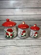Vintage 70’s Red Merry Mushroom Style 3 piece Canister Set With Lids picture