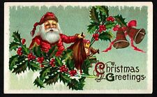 6103 Antique Vintage Christmas Postcard Santa Toys Bag Horse Gold Bells Holly picture