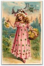 1913 Best Wishes Pretty Girl Curly Hair Holding Basket Roses Flowers Postcard picture