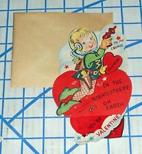 Vintage 1940s Space Girl with Ray Gun Mechanical Valentines Day Card VG picture