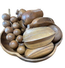 Vintage Monkey Pod Wood Large 10” Shallow Salad Bowl 2” Deep Wood Fruit Grapes picture