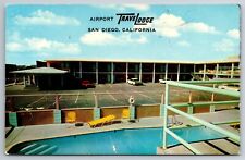Vintage Postcard CA San Diego Airport TraveLodge 50s Cars Pool Chrome picture
