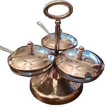 Vintage MCM 3-Glass Compartment Lids Silver-tone Spinner Server Condiment Caddy picture