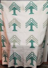 Vintage 1930s Hand Stitched Green White Tree of Life Cotton Quilt 86x84 FOLK ART picture