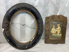 Antique 1800's Victorian Oval Wooden Picture Frame & Photo Of Mother & Child picture