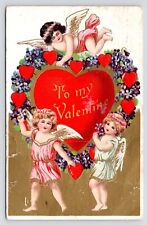 c1910s Victorian Valentine Cupids FORGET ME NOT Embossed Antique Art Postcard picture