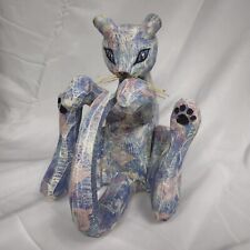 Unique Wood Carved Cat Statue Artist Signed On Back In 1991 Purple And Blue 90s  picture