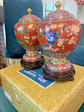 Pair Vintage Chinese Cloisonné Vases Cherry Lotus Flower 10.5
