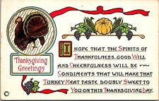 Vtg Thanksgiving Greetings Turkey Poem Verse Embossed 1910s Unused Postcard picture