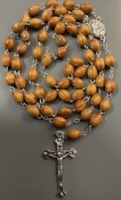 Catholic Prayer Rosary Wooden Beads 30” Necklace Holy Soil Medal Cross Crucifix picture