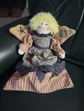 Vtg Primitive Country Americana Angel Doll Blue Checks Tan & Red Stripes Patches picture