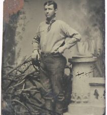 Antique 1890s Tintype Victorian Wild West Young Man American Frontier Workwear picture