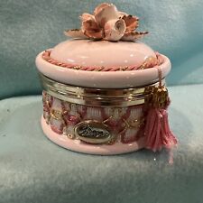Vintage Berger Porcelain Hinged Trinket Box with Red & White Roses Pink Tassel picture