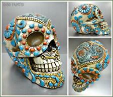 Gothic Day Of The Dead Turquoise Flower SKULL Skeleton HEAD Sculpture Figurine picture