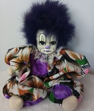 Vtg 80s Hand Made & Painted Q-Tee Clown Doll Purple Hair Sand Body Sits Upright picture