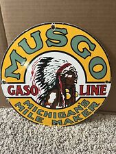 Vintage Musgo Gasoline Sign - Gas Motor Oil Pump American Indian Porcelain Sign picture