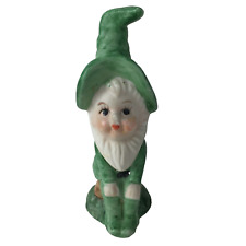 Vintage Ceramic Leprechaun Pixie Elf W/Hat Green Figurine Sitting On A Mushroom picture