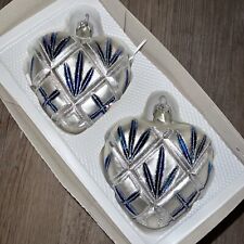 2 Vintage Blown Glass Silver & Blue Heart Ornaments Christmas Tree Decor 4” picture