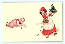 Adorable Girl and Baby Victorian Red Dresses Wine Glasses Unsigned Postcard F1 picture